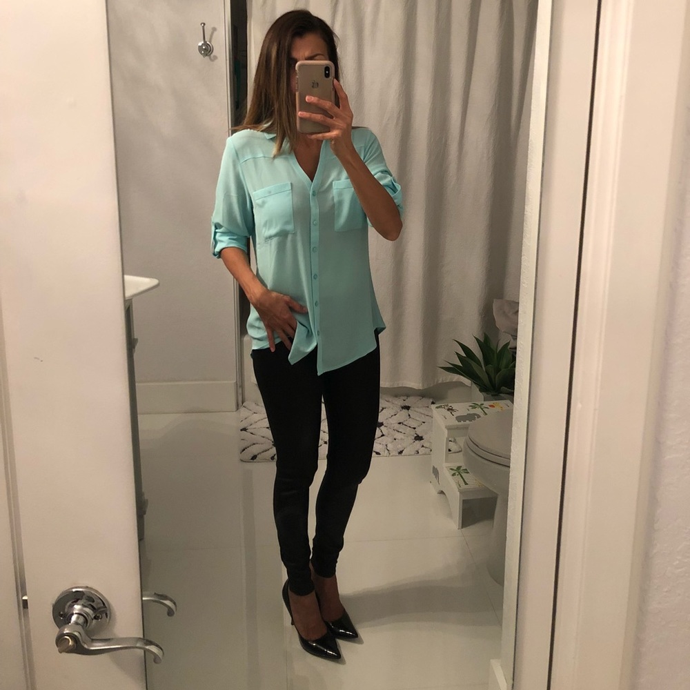 Express Mint Green Button-Front Sheer Blouse - Picture 3 of 3
